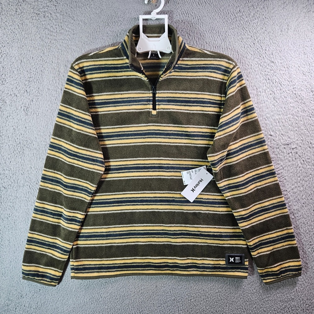 NEW Hurley Fleece Sweater Men Small 1/4 Zip Pullover Olive Green‎ Yellow Striped